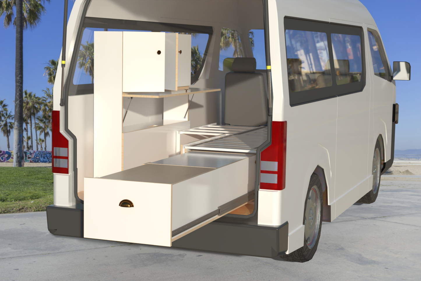NomadSpace: Side Sliding Bed Frame for Campervan, Kitchen Drawer + High Side Storage (1200mm)