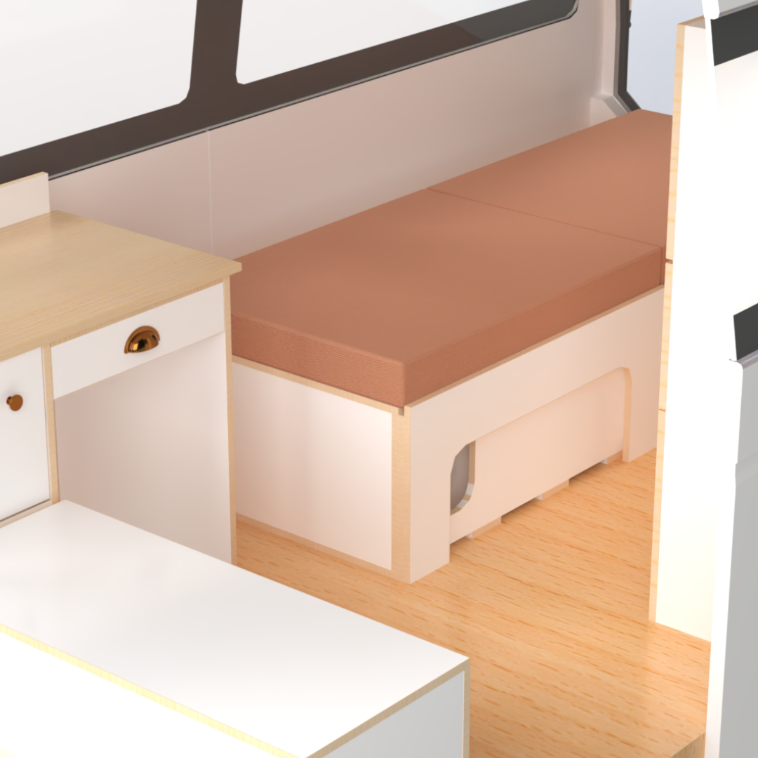 TravelHub Max: Sliding Bed Frame for Campervan with Kitchen Drawer + High Side Storage + Campervan Kit with Front Unit Seating Area and Fridge Space