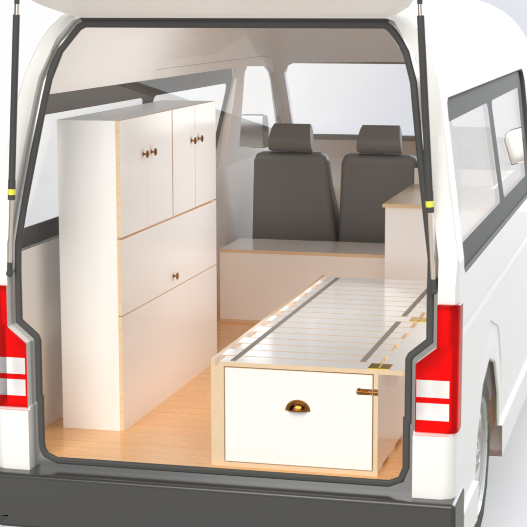 TravelHub Max: Sliding Bed Frame for Campervan with Kitchen Drawer + High Side Storage + Campervan Kit with Front Unit Seating Area and Fridge Space