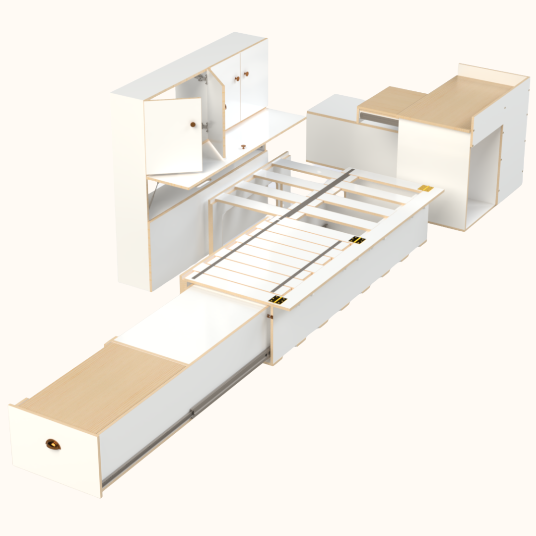 TravelHub Max: Sliding Bed Frame for Campervan with Kitchen Drawer + High Side Storage + Campervan Kit with Front Unit Seating Area and Fridge Space