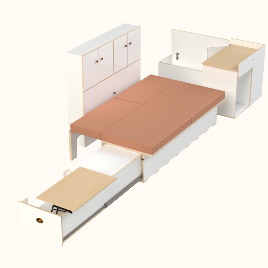 TravelHub Max: Sliding Bed Frame for Campervan with Kitchen Drawer + High Side Storage + Campervan Kit with Front Unit Seating Area and Fridge Space