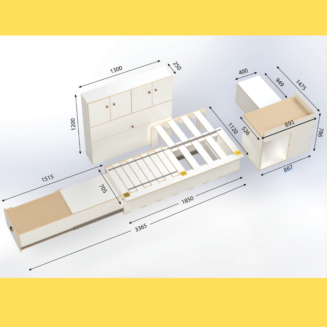 Campervan conversion kit measurements for side sliding bed frame with kitchen drawer, front unit and high storage unit – fits Toyota Hiace, VW Transporter, Renault Trafic, and similar vans.