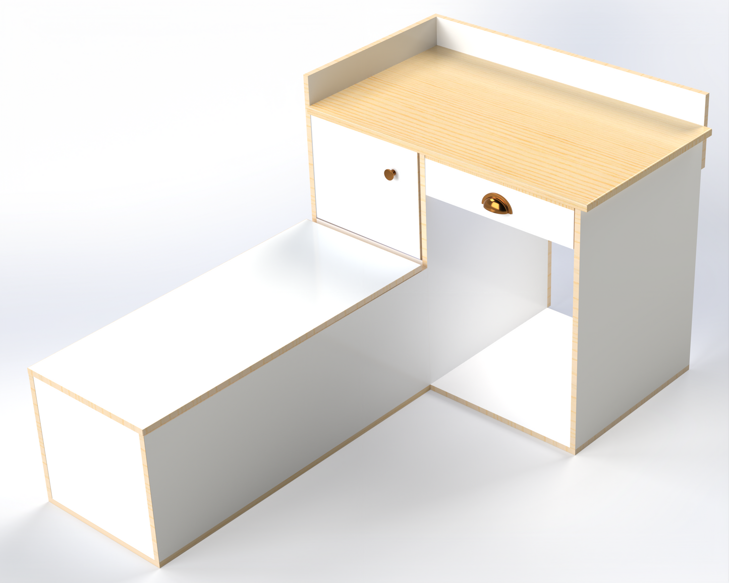 Front kitchenette module in van build with designated fridge space