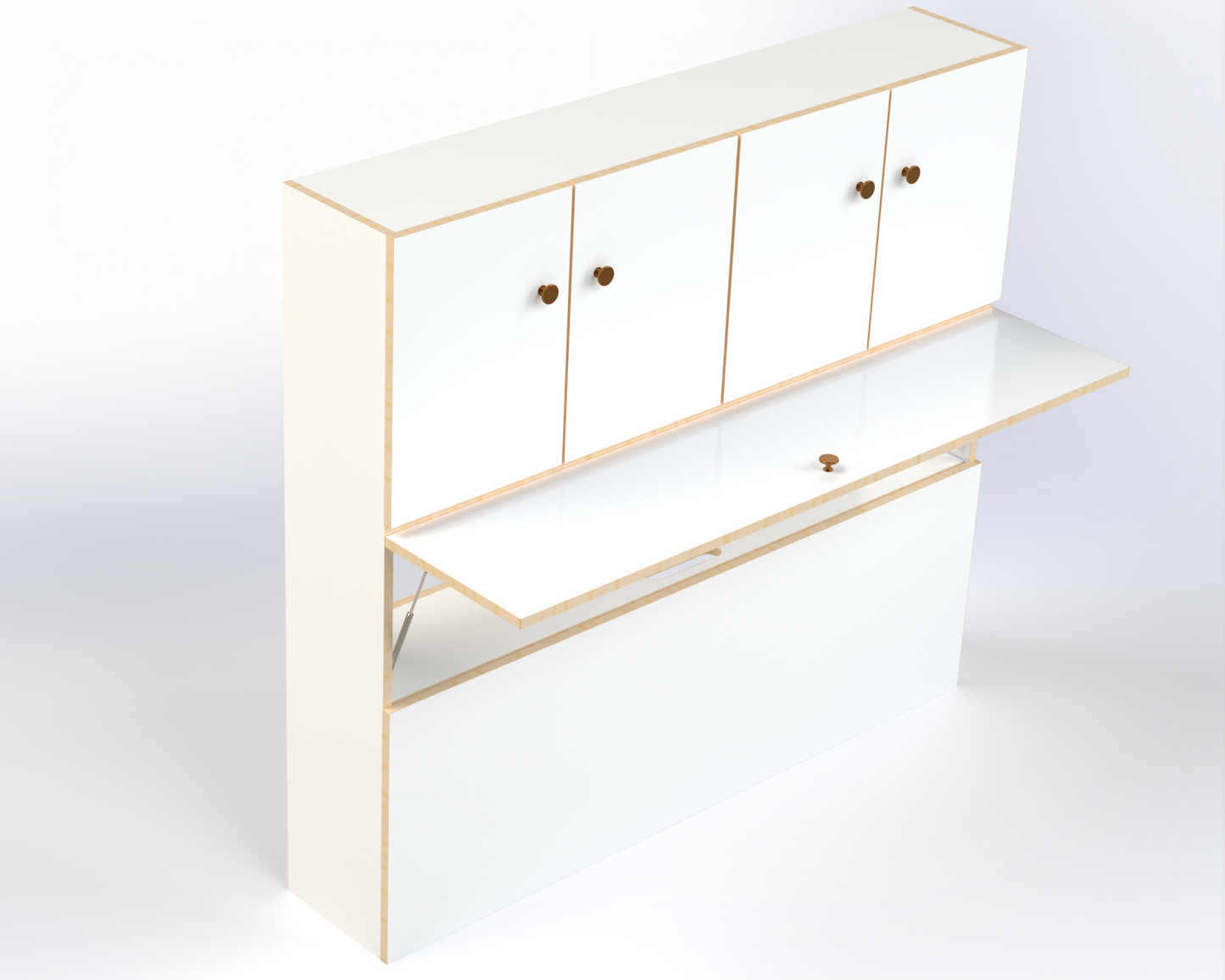 High side storage cabinets installed along campervan wall