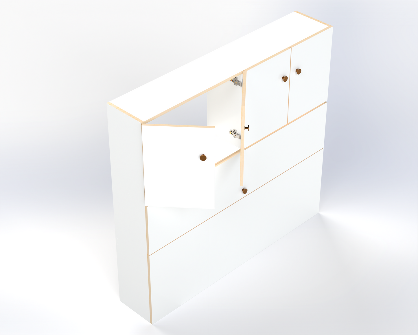 Tall side storage cabinets installed along campervan wall, campervan high side storage unit