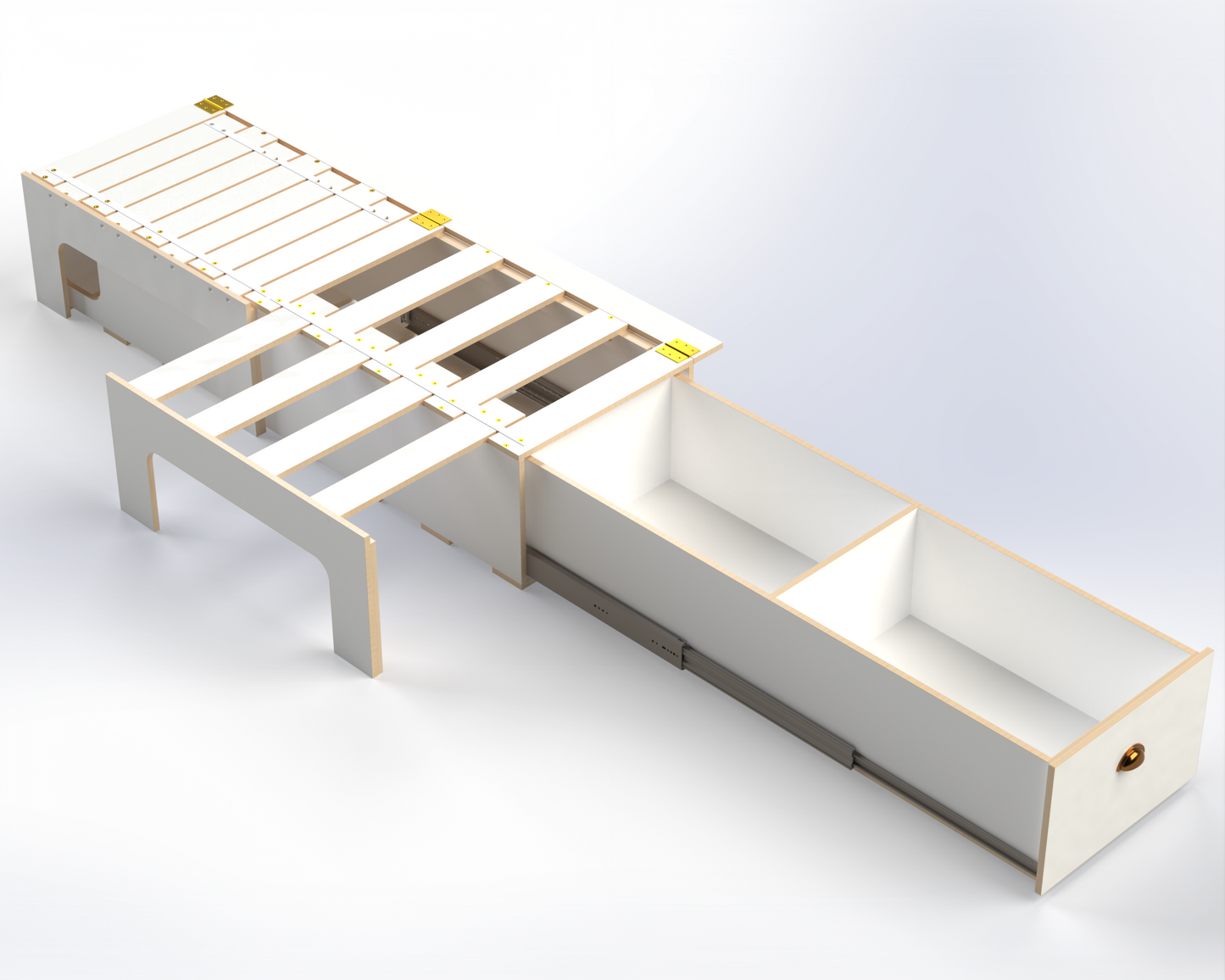 Storage compartments built into campervan bed frame for gear and cookware