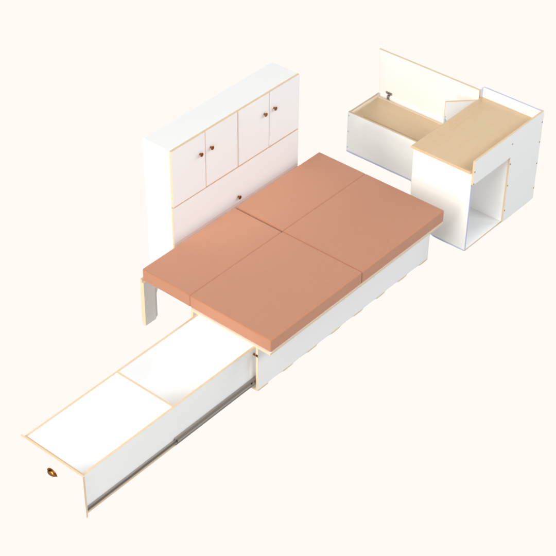 Side sliding bed frame with storage drawer, front unit with kitchen and side storage unit to fit Toyota Hiace, VW Transporter, Renault Trafic and many more small vans that you would like to convert to a campervan