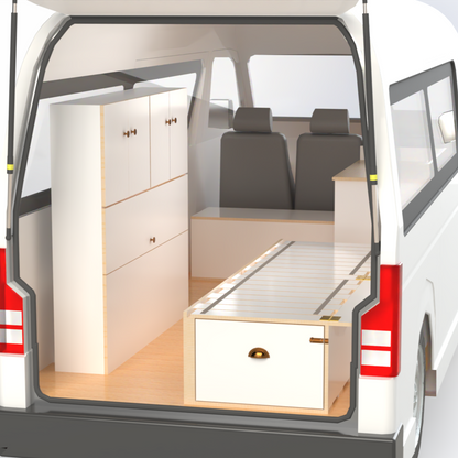 TravelHub Max: Sliding Bed Frame for Campervan  with Kitchen Drawer + High Side Storage + Campervan Kit with Front Unit Seating Area and Fridge Space