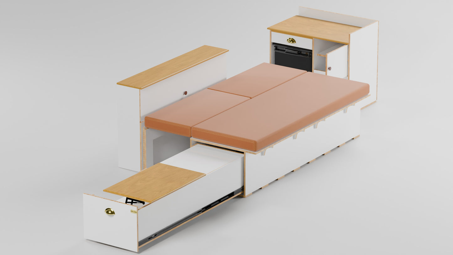 Heavy-duty slide-out kitchen drawer in a campervan, featuring custom compartments for a portable stove and cooking utensils. Mattress for the bed.