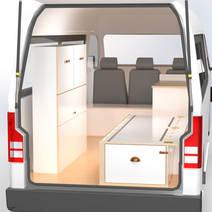 Campervan conversion kit - side sliding bed frame with drawer, front unit and high storage unit – fits Toyota Hiace high roof, VW Transporter, Renault Trafic, and similar vans.r