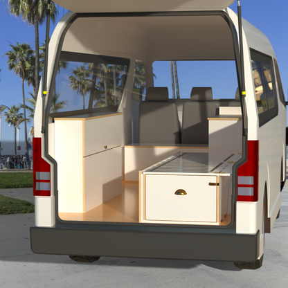 Campervan conversion kit - side sliding bed frame with drawer, front unit and medium storage unit – fits Toyota Hiace, VW Transporter, Renault Trafic, and similar vans.r