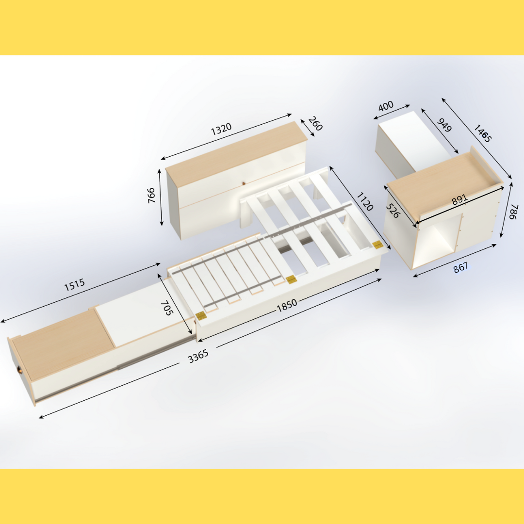 Campervan conversion kit measurements for side sliding bed frame with kitchen drawer, front unit and medium storage unit – fits Toyota Hiace, VW Transporter, Renault Trafic, and similar vans.r