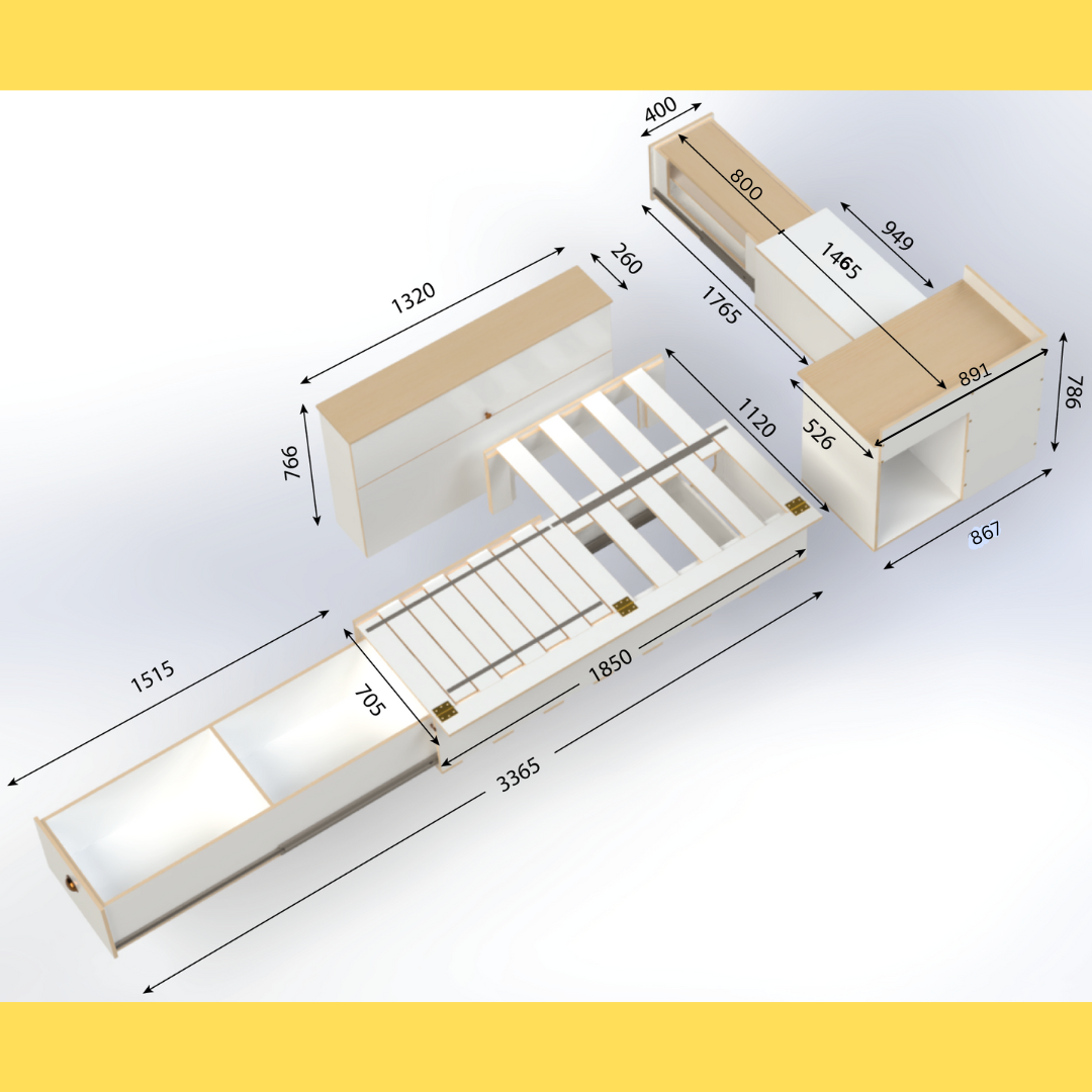 Campervan conversion kit measurements for - side sliding bed frame with storage drawer, front unit with kitchen drawer and medium storage unit – fits Toyota Hiace, VW Transporter, Renault Trafic, and similar vans.