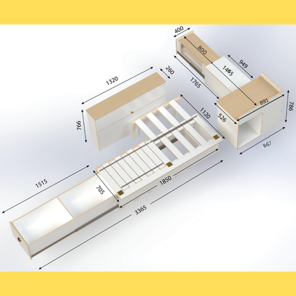 Campervan conversion kit measurements for - side sliding bed frame with storage drawer, front unit with kitchen drawer and medium storage unit – fits Toyota Hiace, VW Transporter, Renault Trafic, and similar vans.