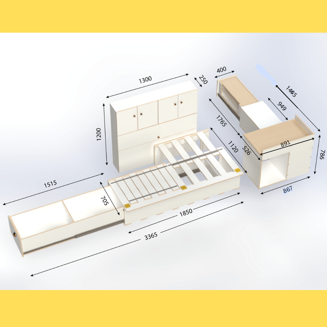 Campervan conversion kit measurements for side sliding bed frame with storage drawer, front unit with kitchen and high storage unit – fits Toyota Hiace, VW Transporter, Renault Trafic, and similar vans.