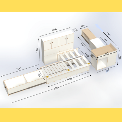 Campervan conversion kit measurements for side sliding bed frame with storage drawer, front unit with kitchen and high storage unit – fits Toyota Hiace, VW Transporter, Renault Trafic, and similar vans.