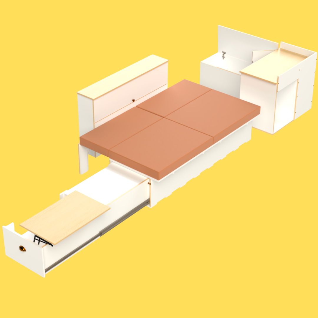 Campervan conversion kit with side sliding bed frame, kitchen drawer, front unit and medium storage unit – fits Toyota Hiace, VW Transporter, Renault Trafic, and similar vans.