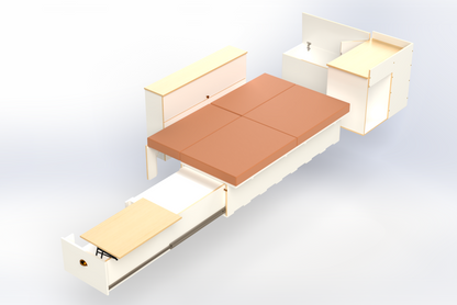 Campervan conversion kit with side sliding bed frame with kitchen drawer and mattress, front unit and medium storage unit – fits Toyota Hiace, VW Transporter, Renault Trafic, and similar vans.