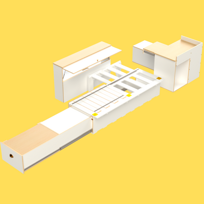 Campervan conversion kit with side sliding bed frame with kitchen drawer, front unit and medium storage unit – fits Toyota Hiace, VW Transporter, Renault Trafic, and similar vans.