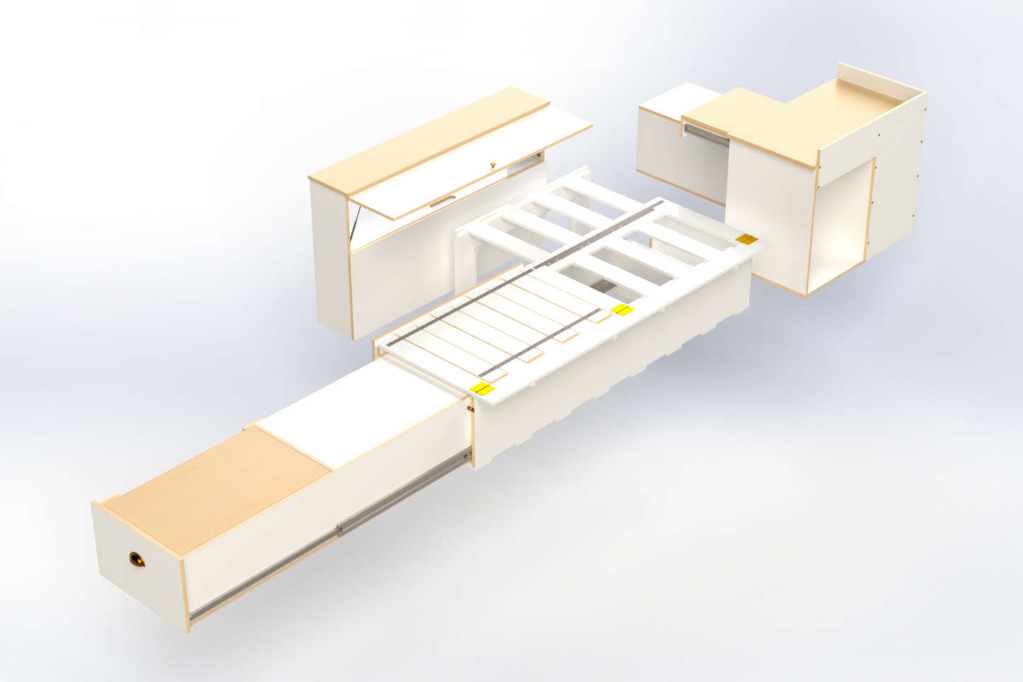 Campervan conversion kit with side sliding bed frame with kitchen drawer, front unit with slide out table and medium storage unit – fits Toyota Hiace, VW Transporter, Renault Trafic, and similar vans.