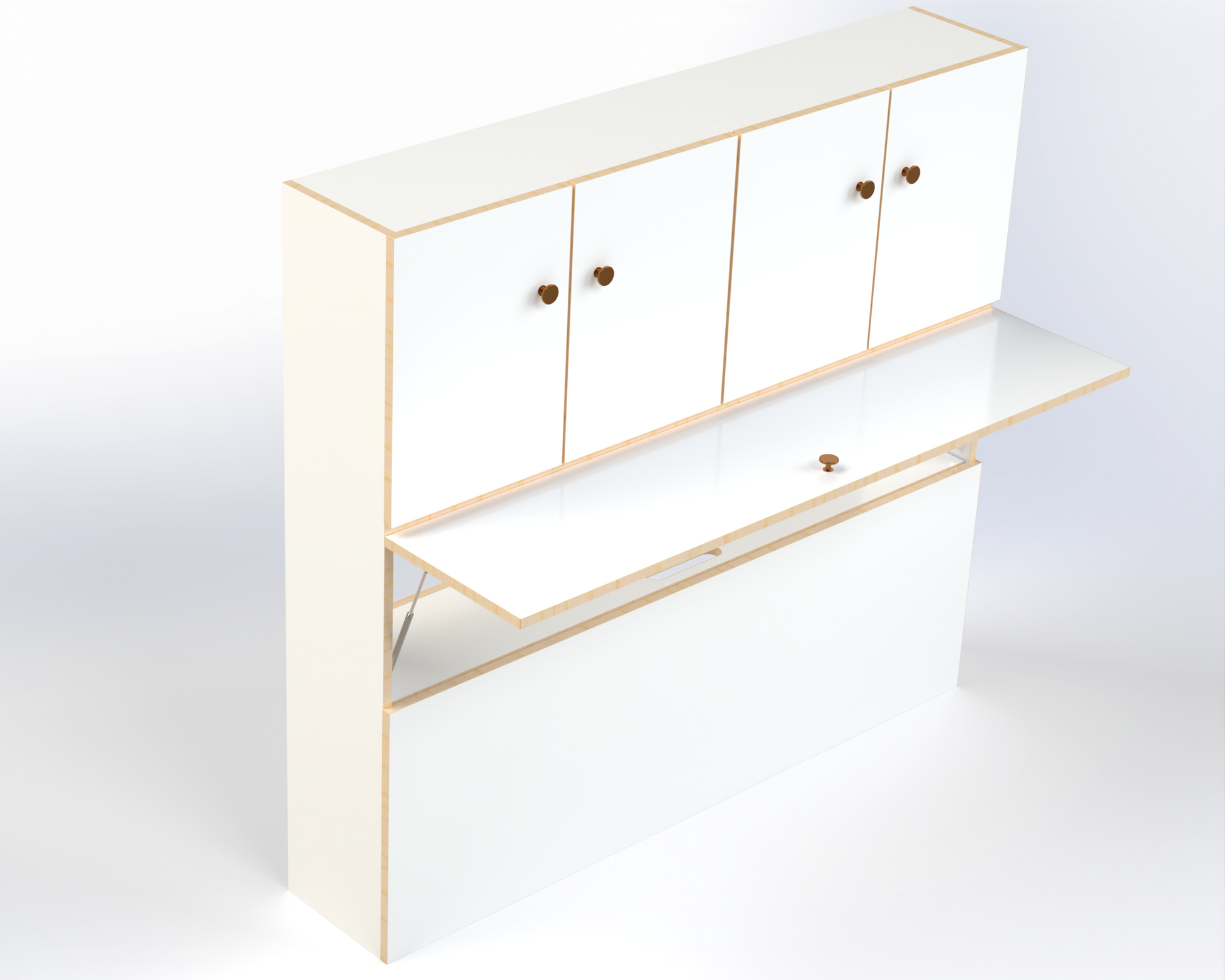 High side storage cabinets installed along campervan wall