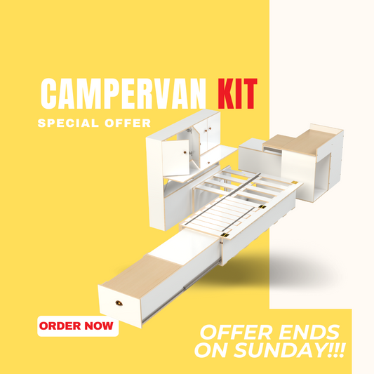 TravelHub Max: Sliding Bed Frame for Campervan  with Kitchen Drawer + High Side Storage + Campervan Kit with Front Unit Seating Area and Fridge Space