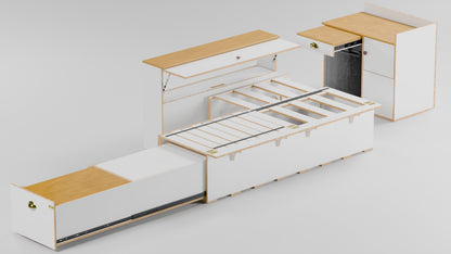 Custom campervan fitout showing a space-saving side-sliding bed next to a kitchen drawer and storage cabinet, including a front unit with a fridge opening.