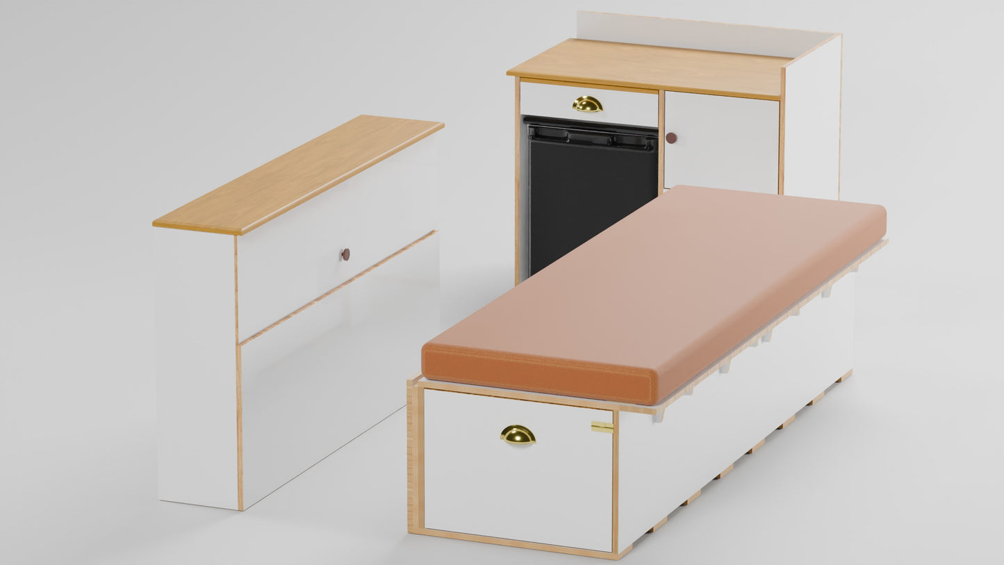 Perspective view of a complete campervan interior fitout combining a sliding bed, side storage, and a front kitchen unit with a fridge space.Modular camper furniture