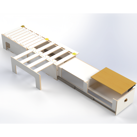 Pull-out kitchen drawer beneath vanlife bed setup, pull‑out kitchen drawer in campervan