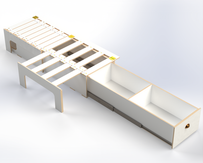 Storage compartments built into campervan bed frame for gear and cookware