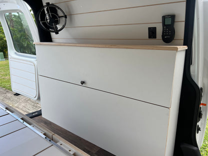 Sample of medium-height side wall storage furniture for campervan conversion kits, modular campervan cabinetry