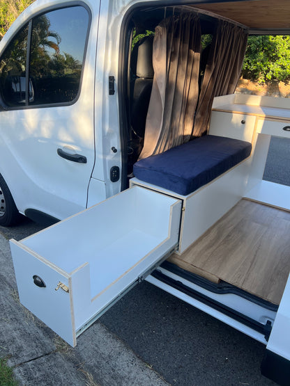 Sample of front unit with sliding out kitchen in a Renault Trafic campervan