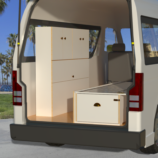 Side sliding bed frame, and high side storage unit to fit Toyota Hiace high roof, VW Transporter, Renault Trafic and many more small vans that you would like to convert to a campervan
