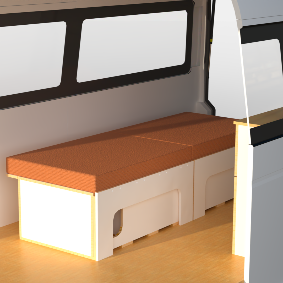 Side sliding bed frame, and medium side storage fitted in Toyota Hiace high roof