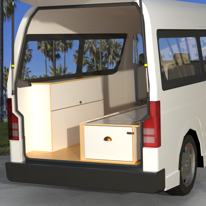 Side sliding bed frame, and medium side storage unit to fit Toyota Hiace high roof, VW Transporter, Renault Trafic and many more small vans that you would like to convert to a campervan
