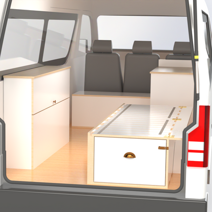 Side sliding bed frame, front unit and medium side storage unit to fit Toyota Hiace high roof, VW Transporter, Renault Trafic and many more small vans that you would like to convert to a campervan