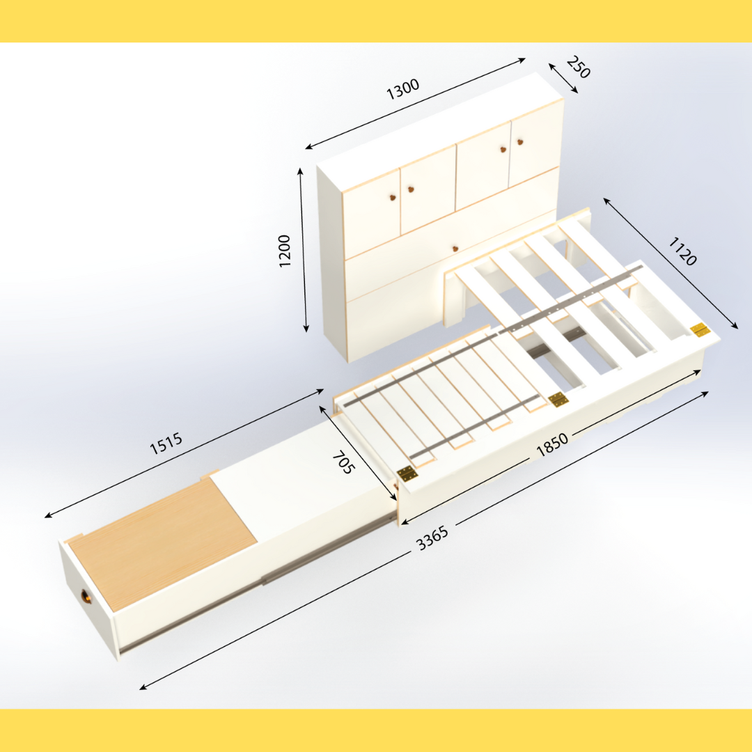 Side sliding bed frame with kitchen drawer, and high side storage measurements  
