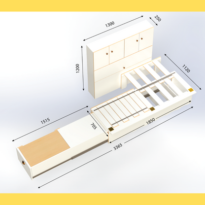 Side sliding bed frame with kitchen drawer, and high side storage measurements  
