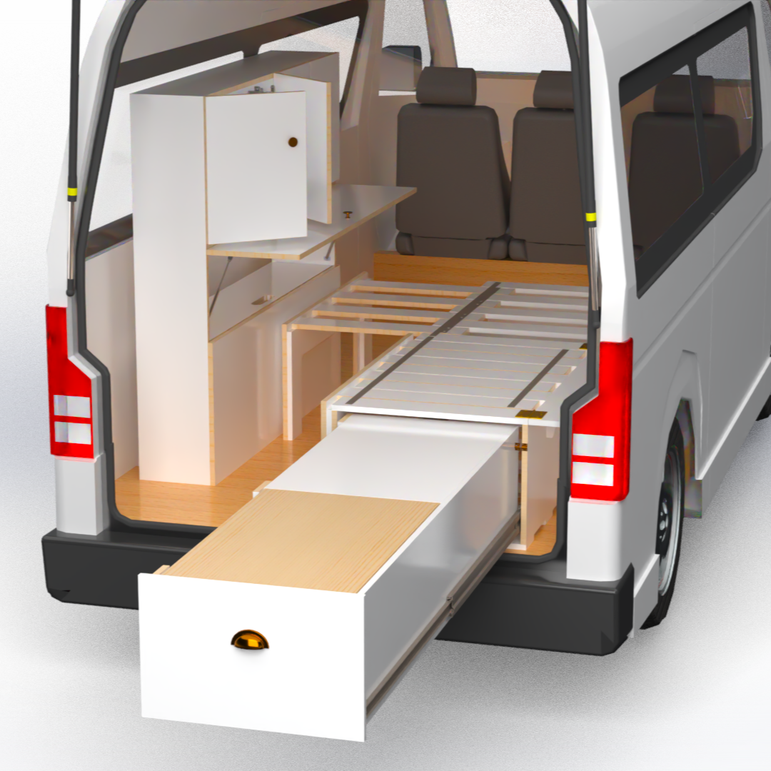 Side sliding bed frame with kitchen drawer, and high side storage unit to fit Toyota Hiace high roof, VW Transporter, Renault Trafic and many more small vans that you would like to convert to a campervan
