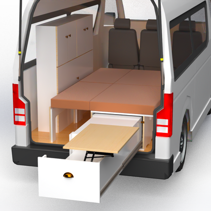 Side sliding bed frame with kitchen drawer and mattress, and high side storage unit to fit Toyota Hiace high roof, VW Transporter, Renault Trafic and many more small vans that you would like to convert to a campervan
