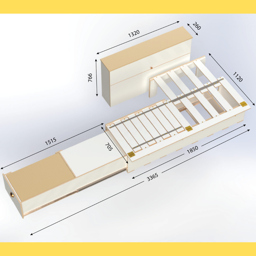 Side sliding bed frame with kitchen drawer, and medium side storage measurements 