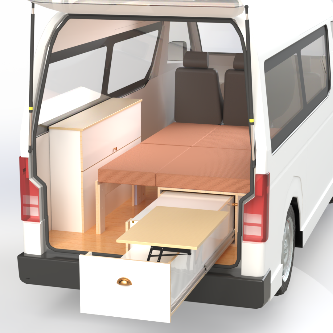 Side sliding bed frame with kitchen drawer and mattress, and medium side storage unit to fit Toyota Hiace high roof, VW Transporter, Renault Trafic and many more small vans that you would like to convert to a campervan
