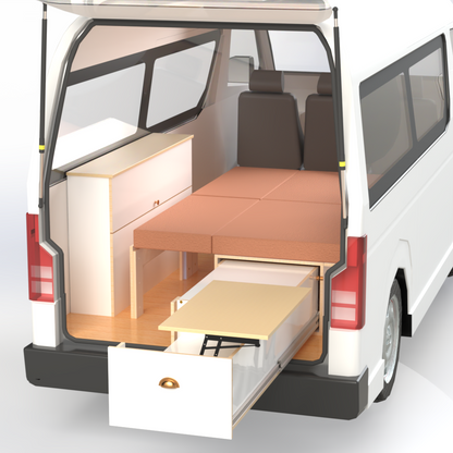 Side sliding bed frame with kitchen drawer and mattress, and medium side storage unit to fit Toyota Hiace high roof, VW Transporter, Renault Trafic and many more small vans that you would like to convert to a campervan
