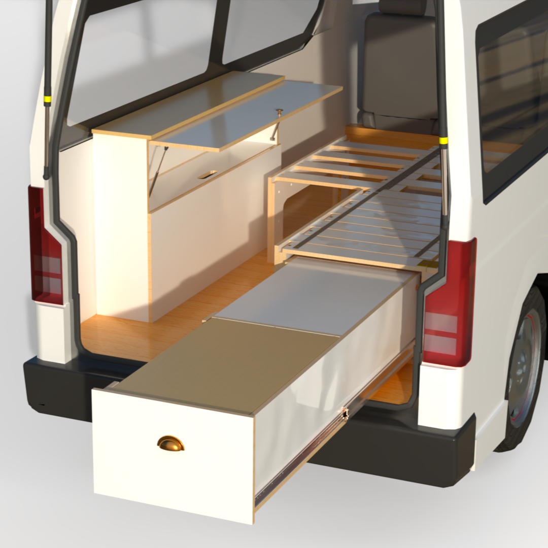 Side sliding bed frame with kitchen drawer, and medium side storage unit to fit Toyota Hiace high roof, VW Transporter, Renault Trafic and many more small vans that you would like to convert to a campervan
