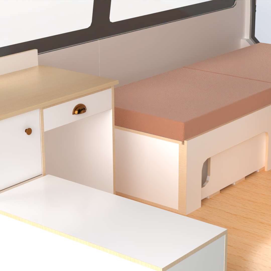 Side sliding bed frame with mattress,and front unit fitted in Toyota Hiace