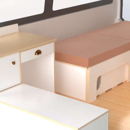 Side sliding bed frame with mattress,and front unit fitted in Toyota Hiace