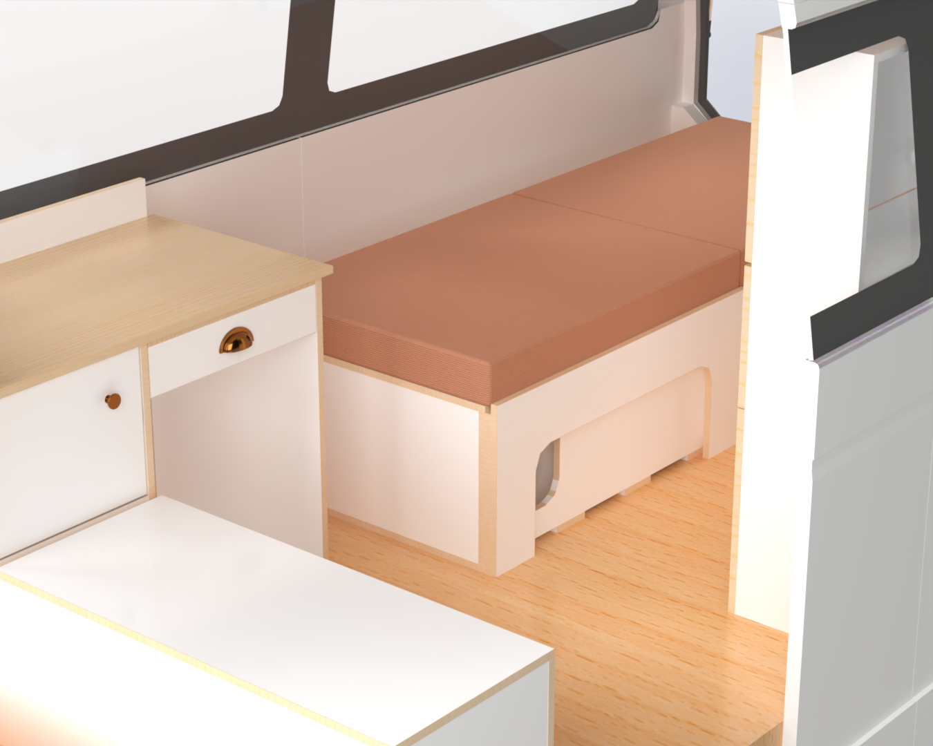 Side sliding bed frame with mattress, front unit and high side storage fitted in Toyota Hiace
