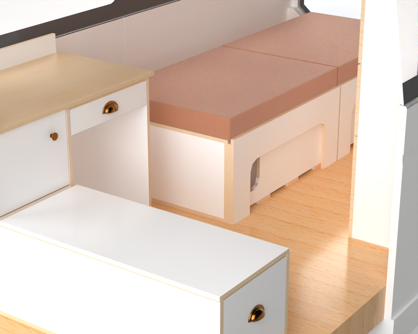 Side sliding bed frame with mattress, front unit with kitchen drawer and High side storage fitted in Toyota Hiace