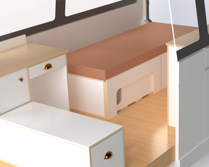 Side sliding bed frame with mattress, front unit with kitchen drawer and medium side storage fitted in Toyota Hiace