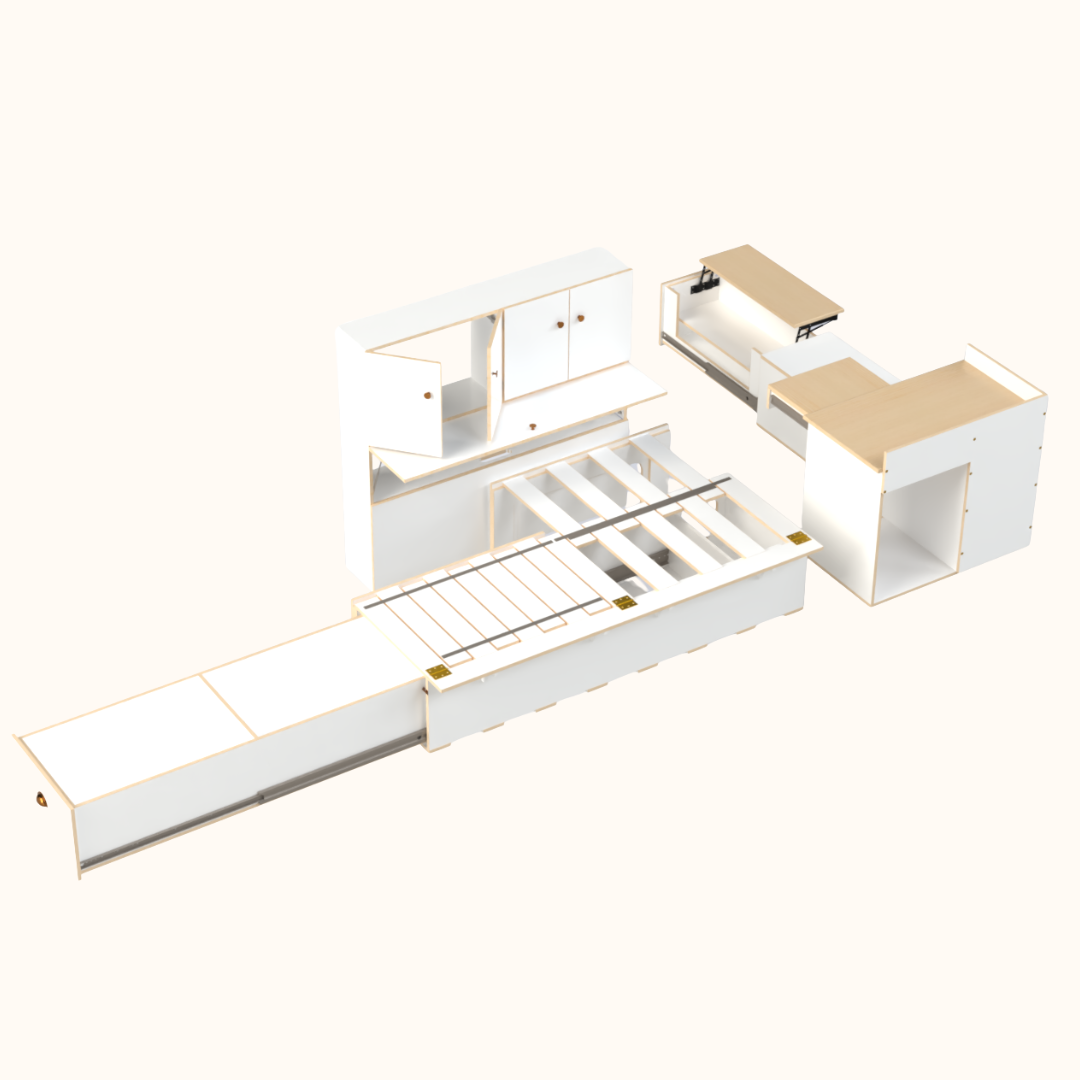 Side sliding bed frame with storage drawer, front unit with kitchen and side storage unit to fit Toyota Hiace, VW Transporter, Renault Trafic and many more small vans that you would like to convert to a campervan
